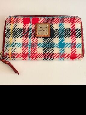Dooney & Bourke Red, Blue, Black, Yellow, White Plaid Zip Wallet